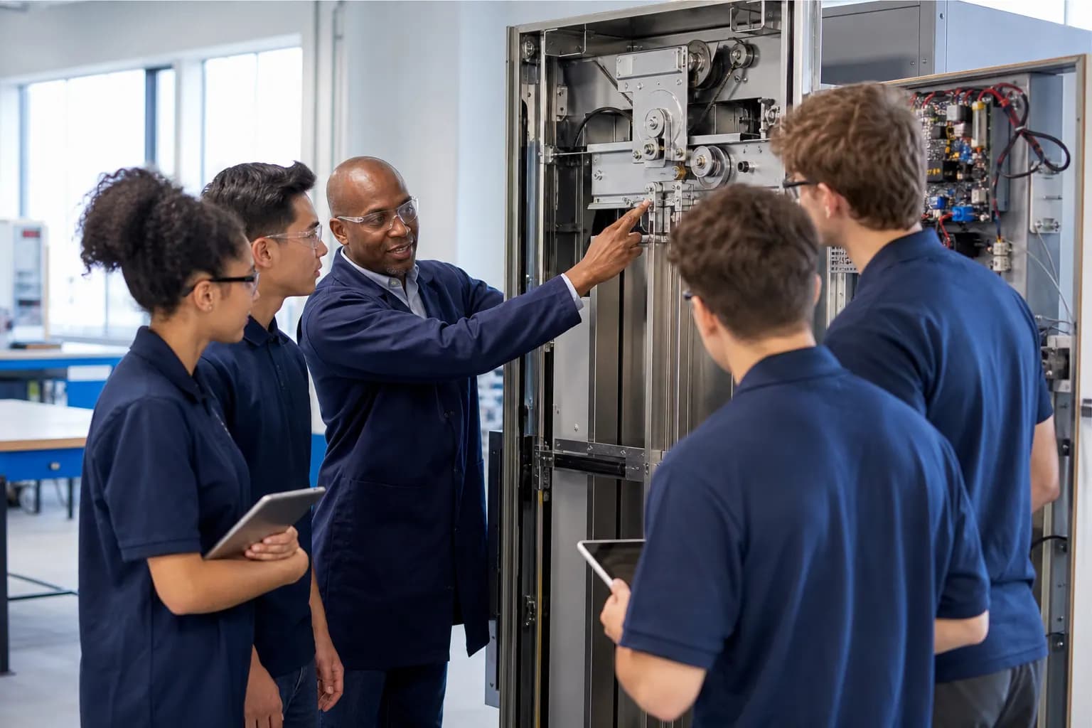 Instructor guiding elevator technicians in a hands-on technical training lab